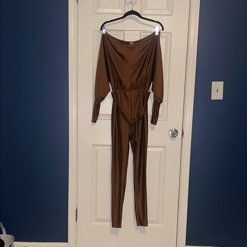 Chic Off-Shoulder Brown Jumpsuit - image 1